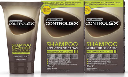 Just For Men Control GX - Gray-reducing shampoo for gray hair, with coconut oil and aloe vera, new improved formula, all shades, 118 ml x 2 units - Pack Promo