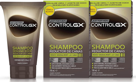Just For Men Control GX - Gray-reducing shampoo for gray hair, with coconut oil and aloe vera, new improved formula, all shades, 118 ml x 2 units - Pack Promo
