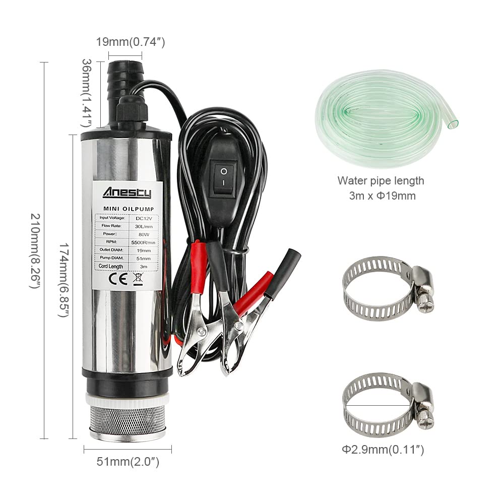 Stainless Steel Transfer Pump 12V Φ51mm Water Pump Submersible Pump for Car Diesel Oil Heating Oil Water Fuel Transfer Pump with Removable Filter, 3m PVC Transparent Hose, Hose Clamps