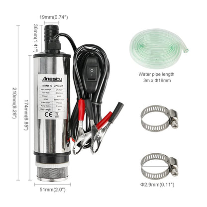 Stainless Steel Transfer Pump 12V Φ51mm Water Pump Submersible Pump for Car Diesel Oil Heating Oil Water Fuel Transfer Pump with Removable Filter, 3m PVC Transparent Hose, Hose Clamps