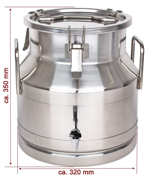 Beeketal 'BMK-20A' 20 liter milk jug transport container made of stainless steel with drain tap, leak-proof lid with seal and clasp lock - dairy milk can for transportation or storage.