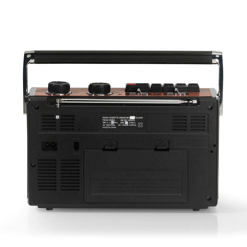 Ricatech PR85-80s cassette recorder, AM/FM/SW radio, USB, SD card slot, built-in microphone, auto stop, portable, 1x8 watt built-in speakers, headphone jack.