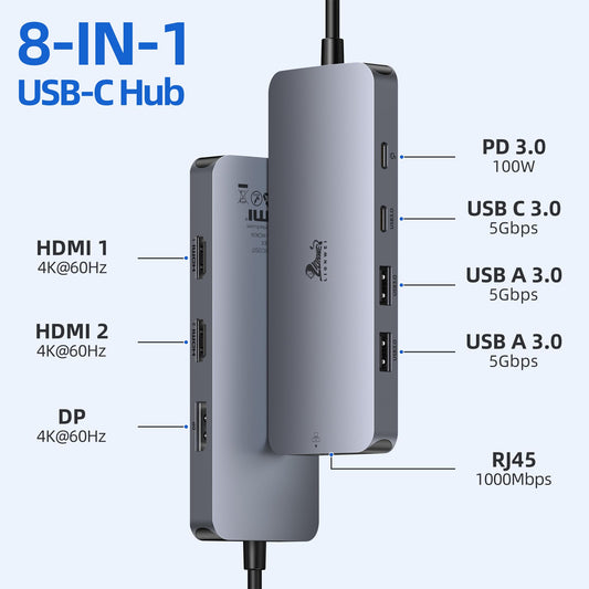 USB C Docking Station Dual Monitor 8 in 1 Laptop Docking Station for 2 Monitors with 4K Dual HDMI, DisplayPort, 1Gbps Ethernet, 100W PD, 3 USB A/C 3.0 Adapter. Compatible with Dell, HP.