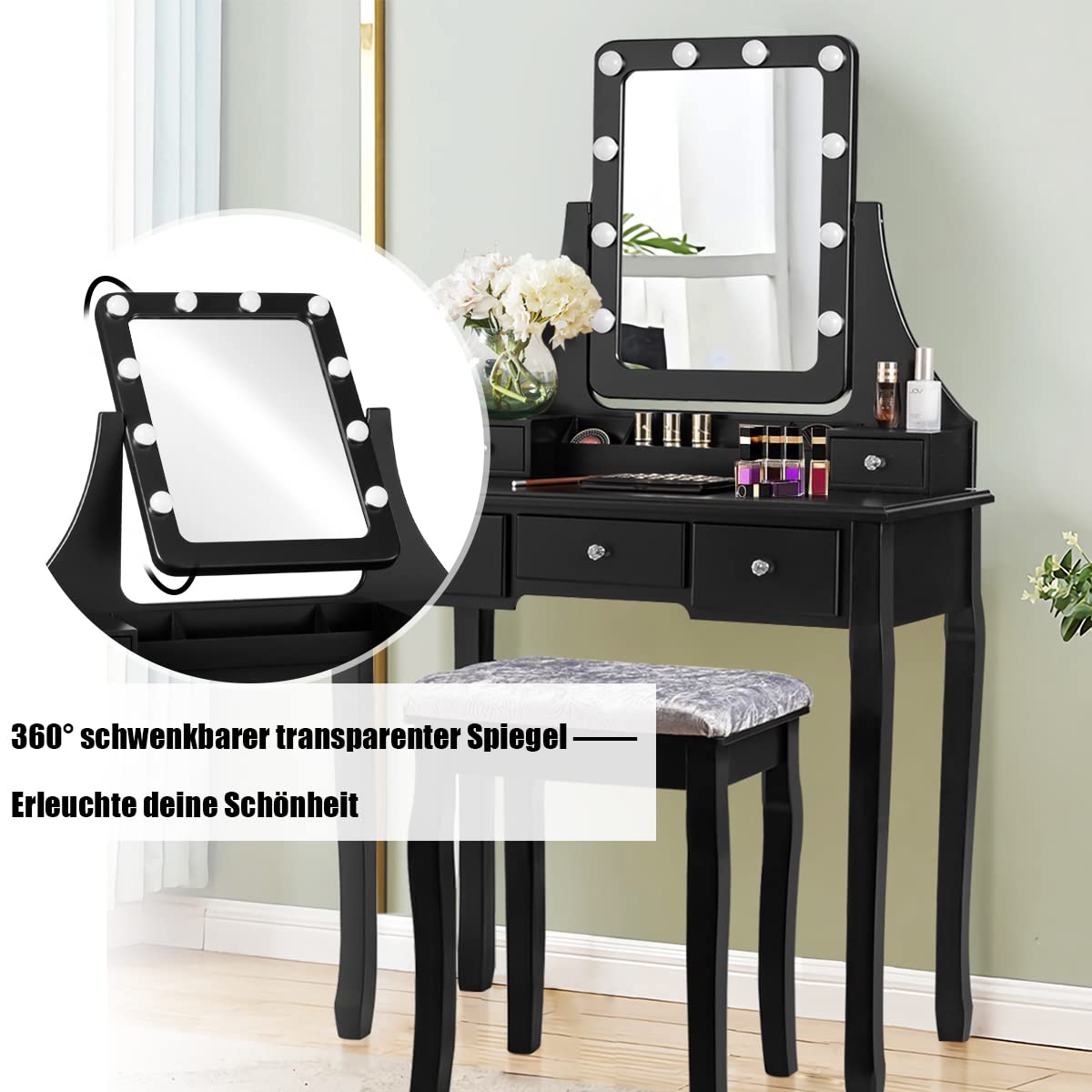 GOPLUS Vanity Table with Mirror and 10 LED Bulbs, Makeup Table with 5 Drawers and Organizer, Wooden Dressing Table, for Bedroom (Black)