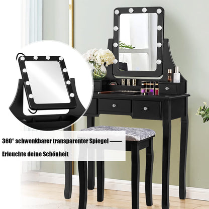 GOPLUS Vanity Table with Mirror and 10 LED Bulbs, Makeup Table with 5 Drawers and Organizer, Wooden Dressing Table, for Bedroom (Black)