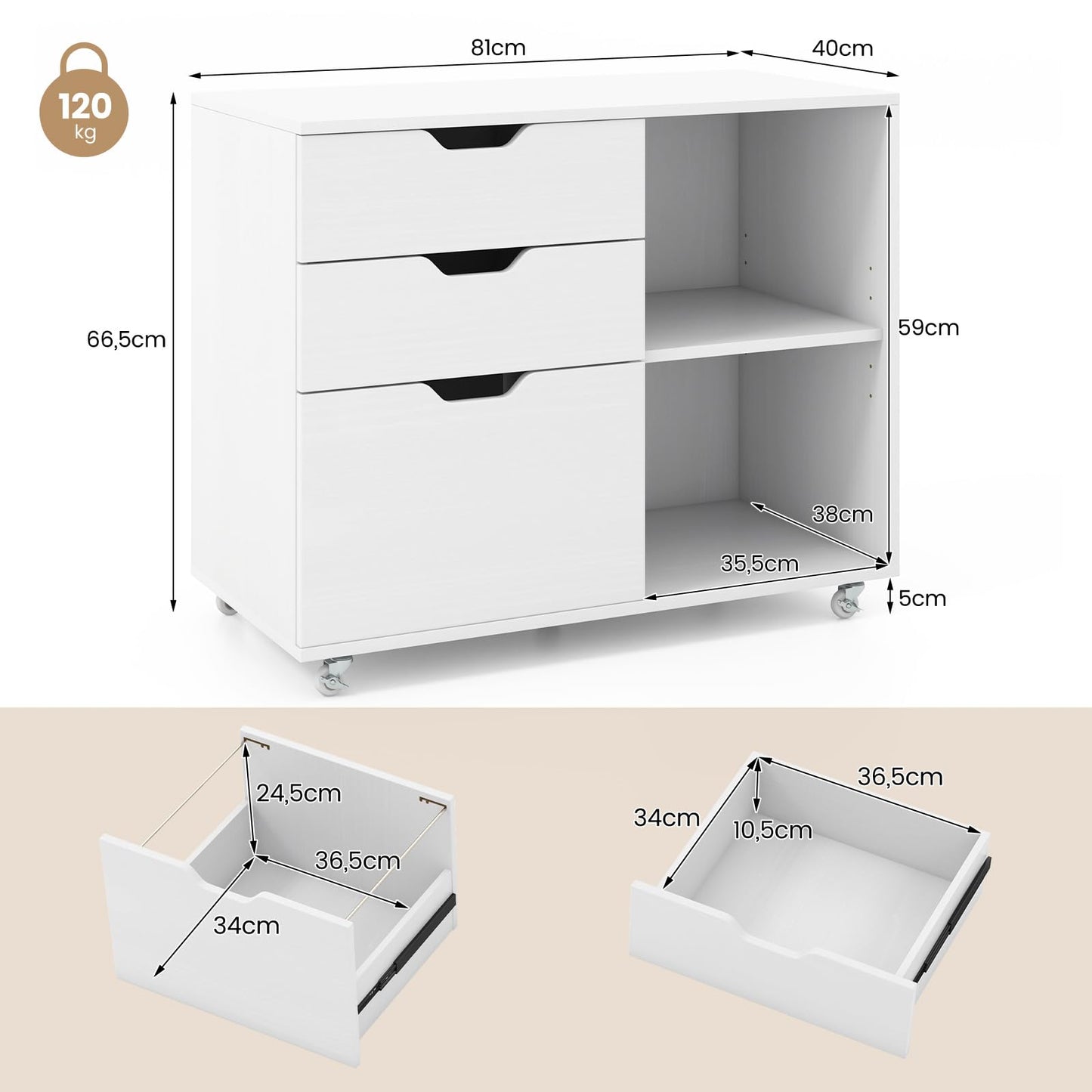 COSTWAY rolling container with 3 drawers, file cabinet with wheels and open compartments, printer stand, office cabinet for documents in DIN A4, letter format, legal format (white)