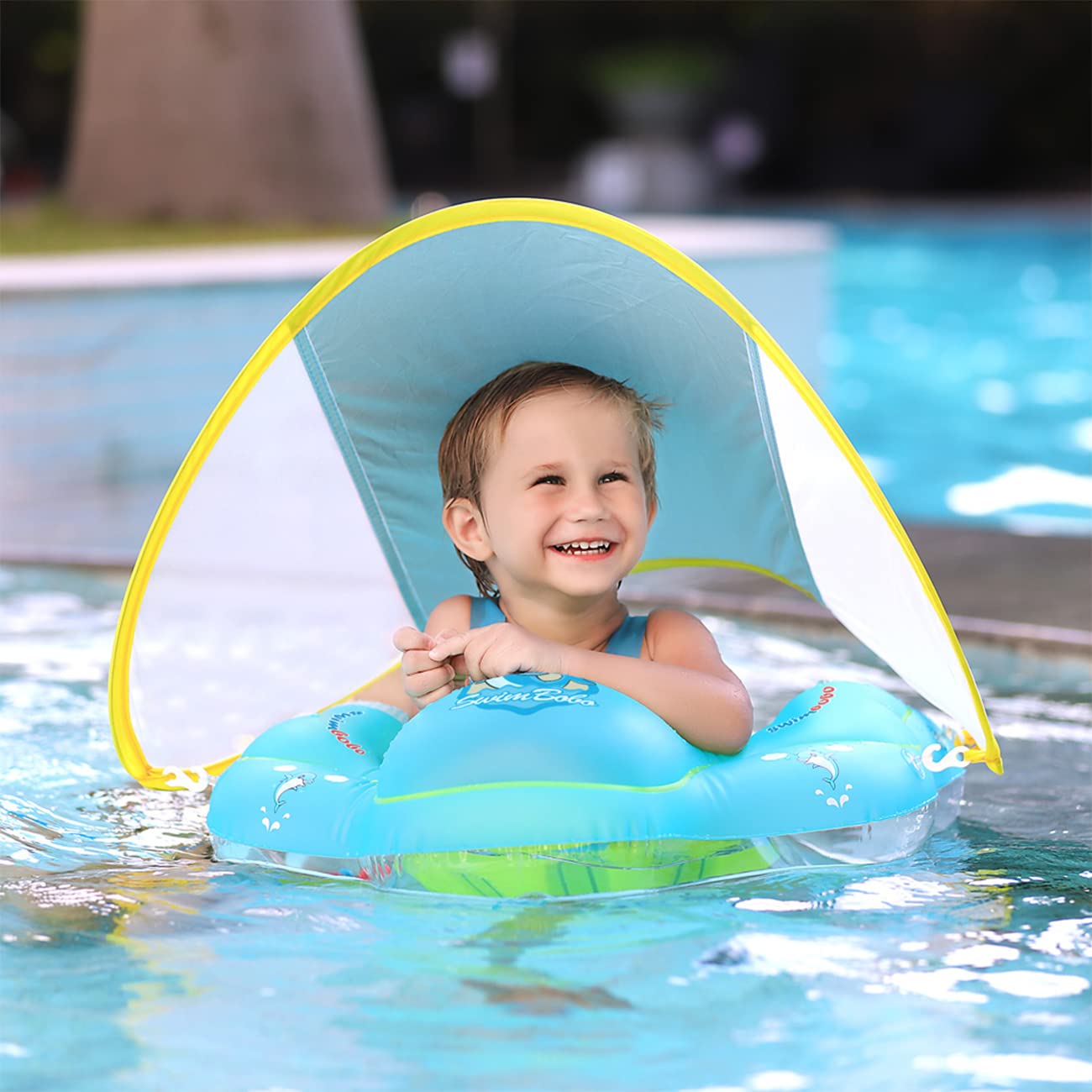 Baby swim ring with detachable sunshade & safety belt - non-toxic swim aid for 3-48 months old - Includes air pump & anti-slip seat (Blue, L)