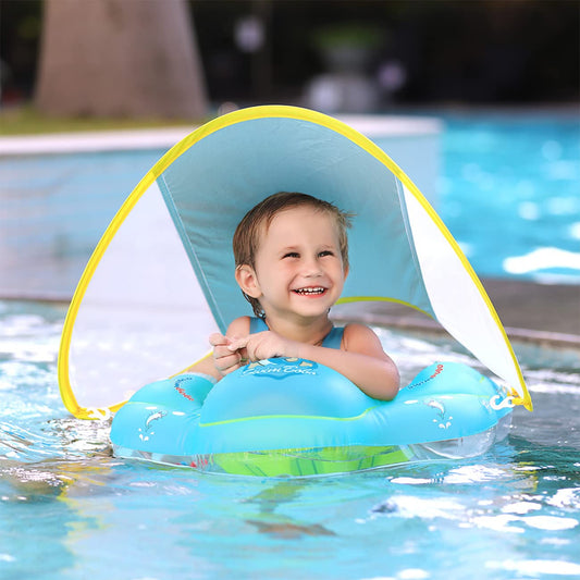 Baby swim ring with detachable sunshade & safety belt - non-toxic swim aid for 3-48 months old - Includes air pump & anti-slip seat (Blue, L)