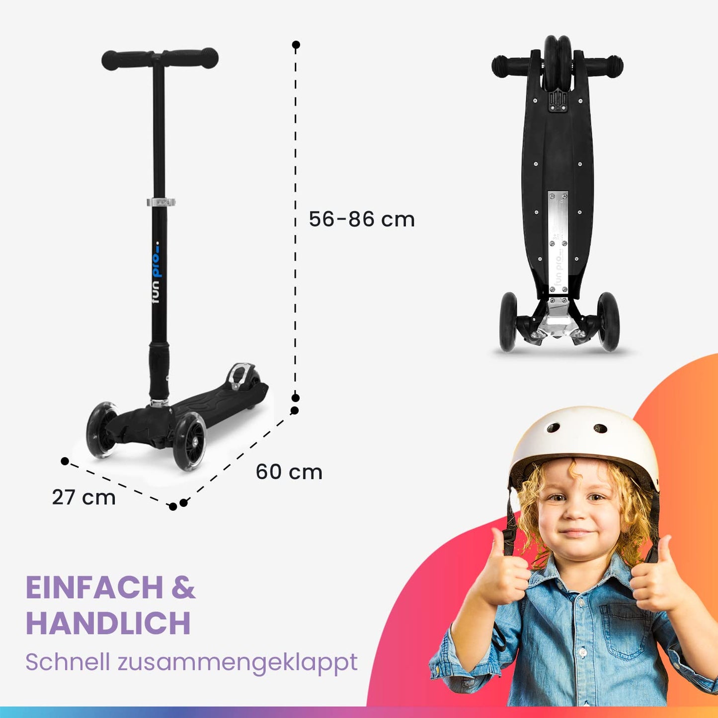 Fun Pro Two-wheeled scooter for children 6 years and up, preschool age and up to 80KG weight. The safe premium scooter for kids with LED wheels, foldable, for ages 5-9.