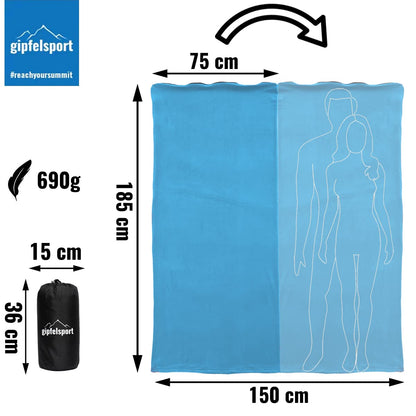 Summit sports microfiber fleece blanket with sleeping bag function I Size 185 x 150cm, 690g I Microfiber camping blanket sleeping bag I blue