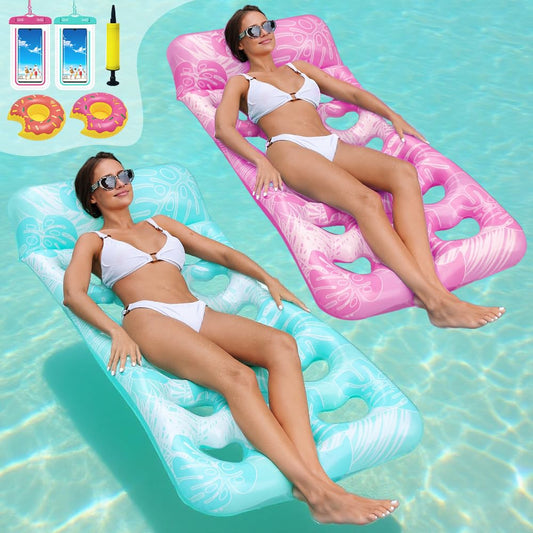 LUSTERMOON Inflatable large pool float for adults, pool chair float and lounger with cup holders for summer, pool, lake, beach, 2 pieces (blue + pink)