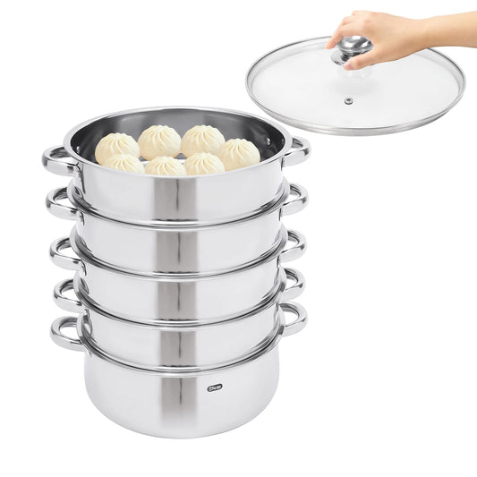 Steamer steam cooker, 5-tier stackable stainless steel steamer pot with glass lid, diameter 26/28/30cm (30cm)