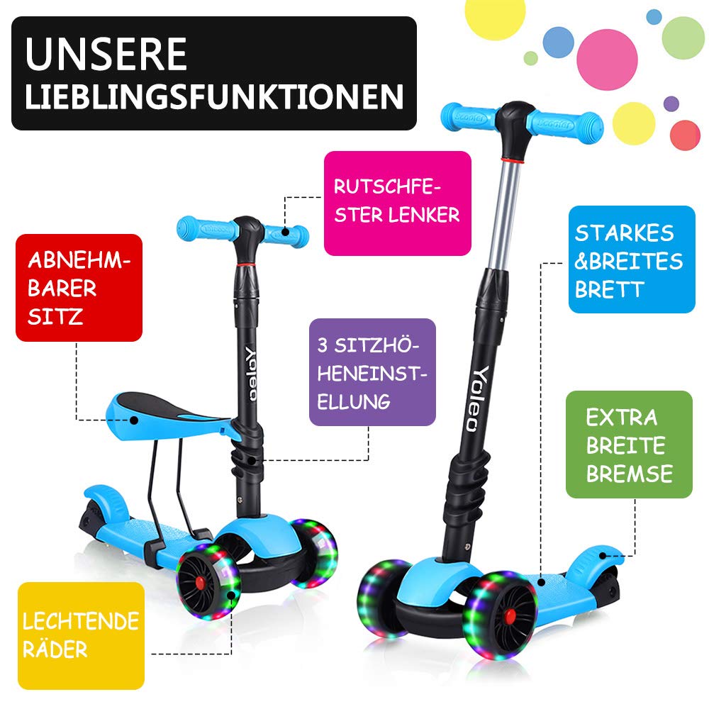 YOLEO 3-in-1 Kids Scooter with Removable Seat, LED Big Wheels, Adjustable Handlebar for Toddlers Boys Girls from 2 Years (Blue)