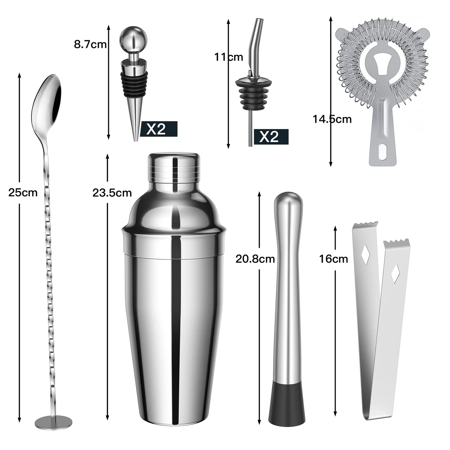 Sosayet Cocktail Shaker Set, 10-piece Stainless Steel Cocktail Set with accessories & recipe cards, 750mL Bartender Set for beginners & professionals - Gift for Men.