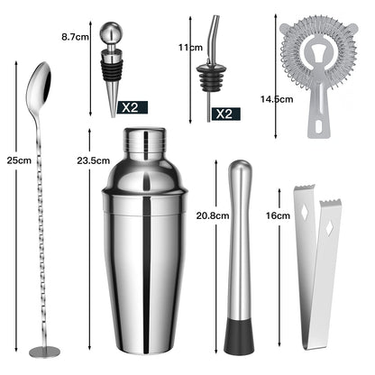 Sosayet Cocktail Shaker Set, 10-piece Stainless Steel Cocktail Set with accessories & recipe cards, 750mL Bartender Set for beginners & professionals - Gift for Men.
