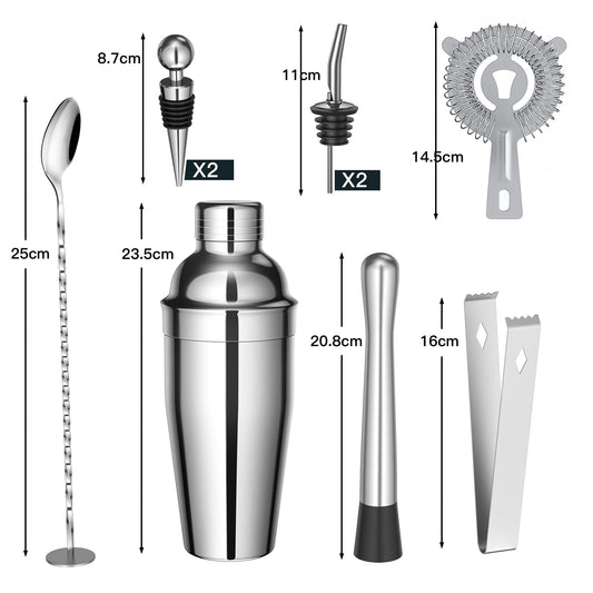 Sosayet Cocktail Shaker Set, 10-piece Stainless Steel Cocktail Set with accessories & recipe cards, 750mL Bartender Set for beginners & professionals - Gift for Men.