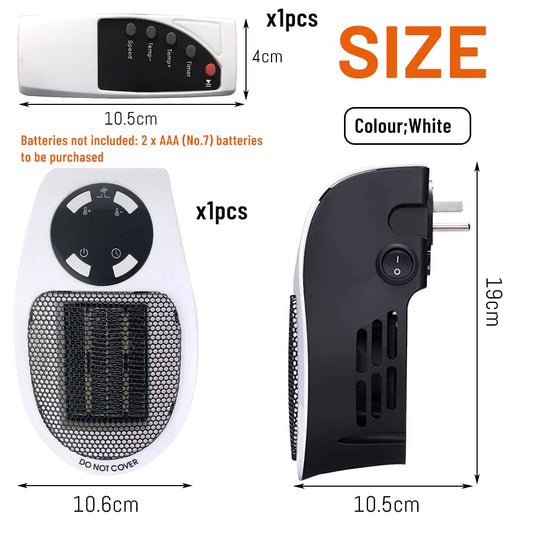 Ceramic heater Hillylolly 500w, plug-in heater, mini heater, wall-mounted electric heater, energy-saving and quiet heater for bathroom, room (White)