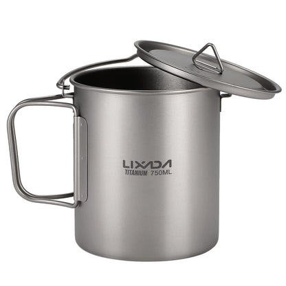 Lixada Ultralight Titanium Pot 750 ml Camping Frying Pan, foldable handle with lid for outdoor portable camping picnic water cup.