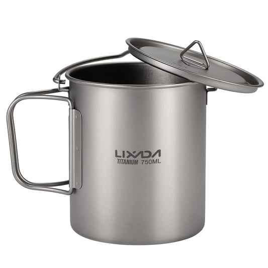 Lixada Ultralight Titanium Pot 750 ml Camping Frying Pan, foldable handle with lid for outdoor portable camping picnic water cup.