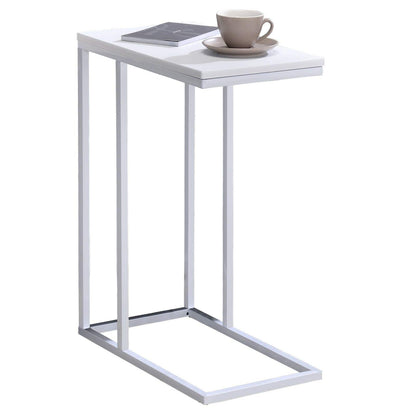 Side table Debora, practical living room table in C-shape, lovely coffee table with rectangular white tabletop, elegant sofa table with white metal frame.