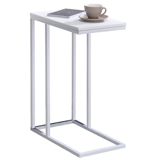 Side table Debora, practical living room table in C-shape, lovely coffee table with rectangular white tabletop, elegant sofa table with white metal frame.