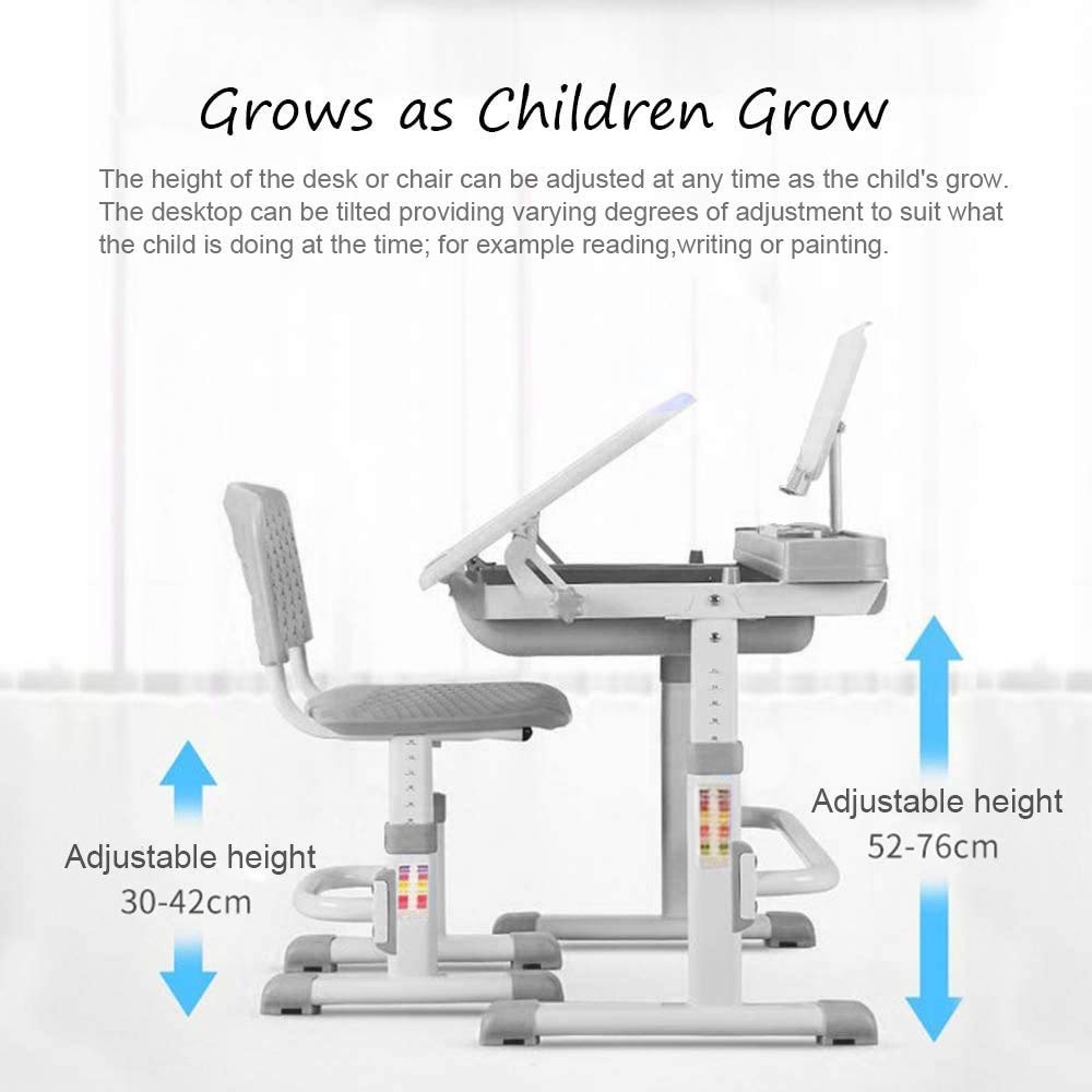 Yinleader Kids Desk and Chair Set, Adjustable Children's Table with Eye-Protecting Lamp, Bookstand, Tilted Desk, perfect for Writing, Reading, and Drawing (grey)