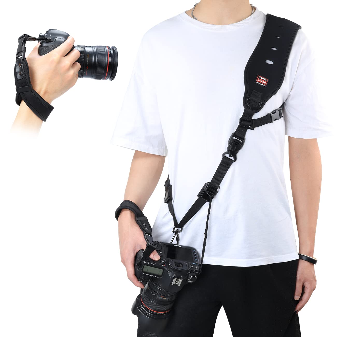 Airminti Camera Shoulder Strap and Hand Strap Set, secondary protection, adjustable, quick release, neoprene, black, camera strap for camera, camcorder with 1/4 inch tripod thread.