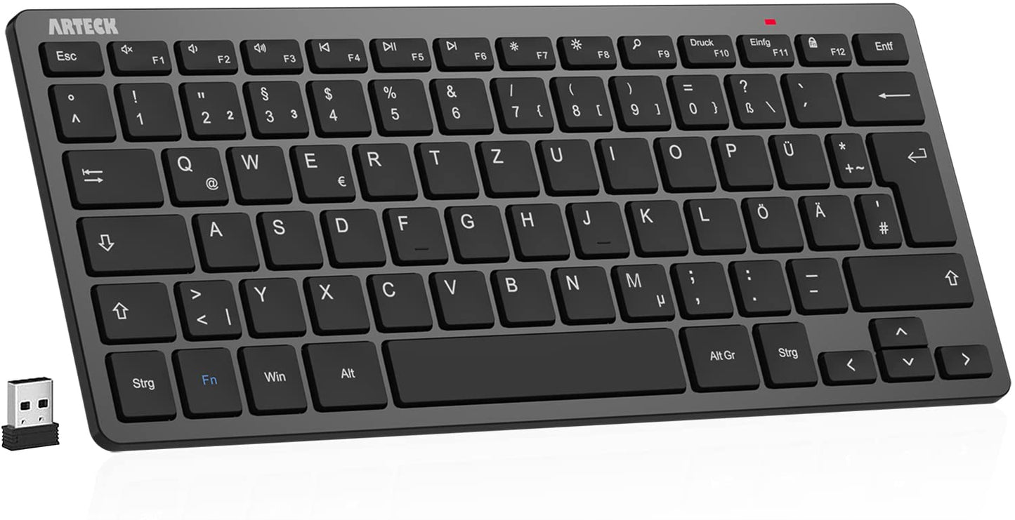 Arteck Wireless Keyboard, German QWERTZ Layout Compact USB 2.4 GHz Mini Wireless Keyboard with Multimedia Keys, Compatible with PC, Notebook, Laptop, Windows 11, 10, 8 Black.