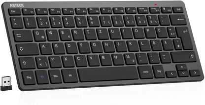Arteck Wireless Keyboard, German QWERTZ Layout Compact USB 2.4 GHz Mini Wireless Keyboard with Multimedia Keys, Compatible with PC, Notebook, Laptop, Windows 11, 10, 8 Black.
