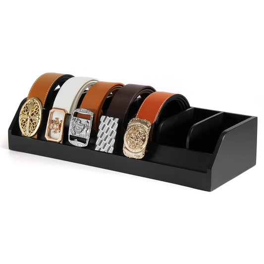 B4Life Belt Storage, 7 Compartment Belt Holder for Men, Bamboo Belt Display Rack for Closet and Drawer, Belt Showcase, Belt Organizer for Wall Belt Hanger (Black)