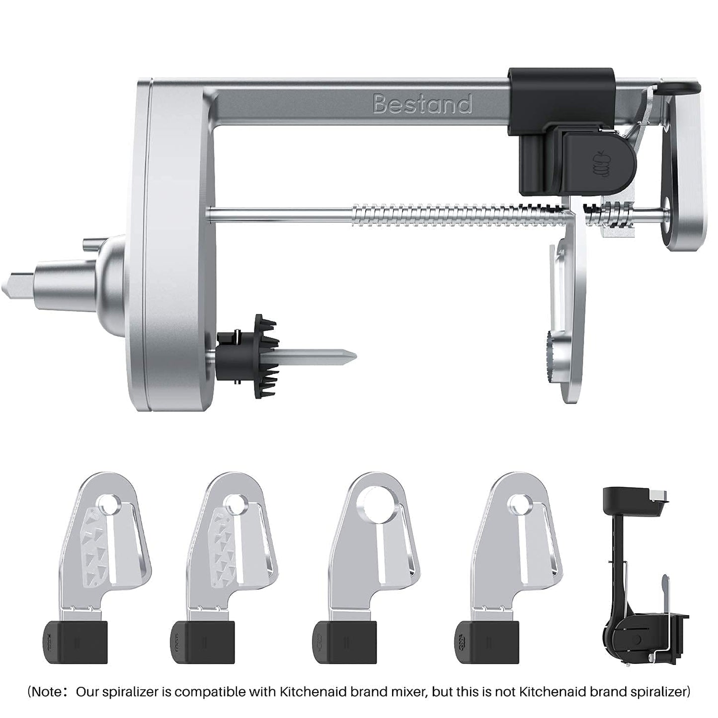 Compatible with KitchenAid stand mixers, this spiralizer attachment comes with 5 blades, peeler, and slicing disk. It's a vegetable slicer, not the brand's spiralizer.