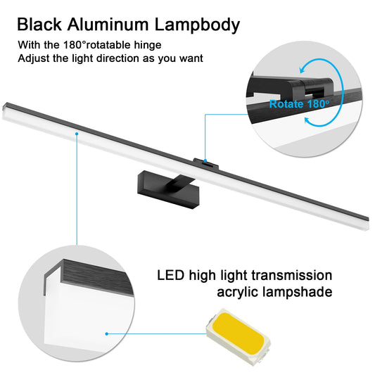 Klighten LED mirror light bathroom lamp 100CM, black mirror lighting lamp 28W 1560LM bathroom mirror lamp, 180° rotation, cool white 6000K, IP44 waterproof LED makeup light