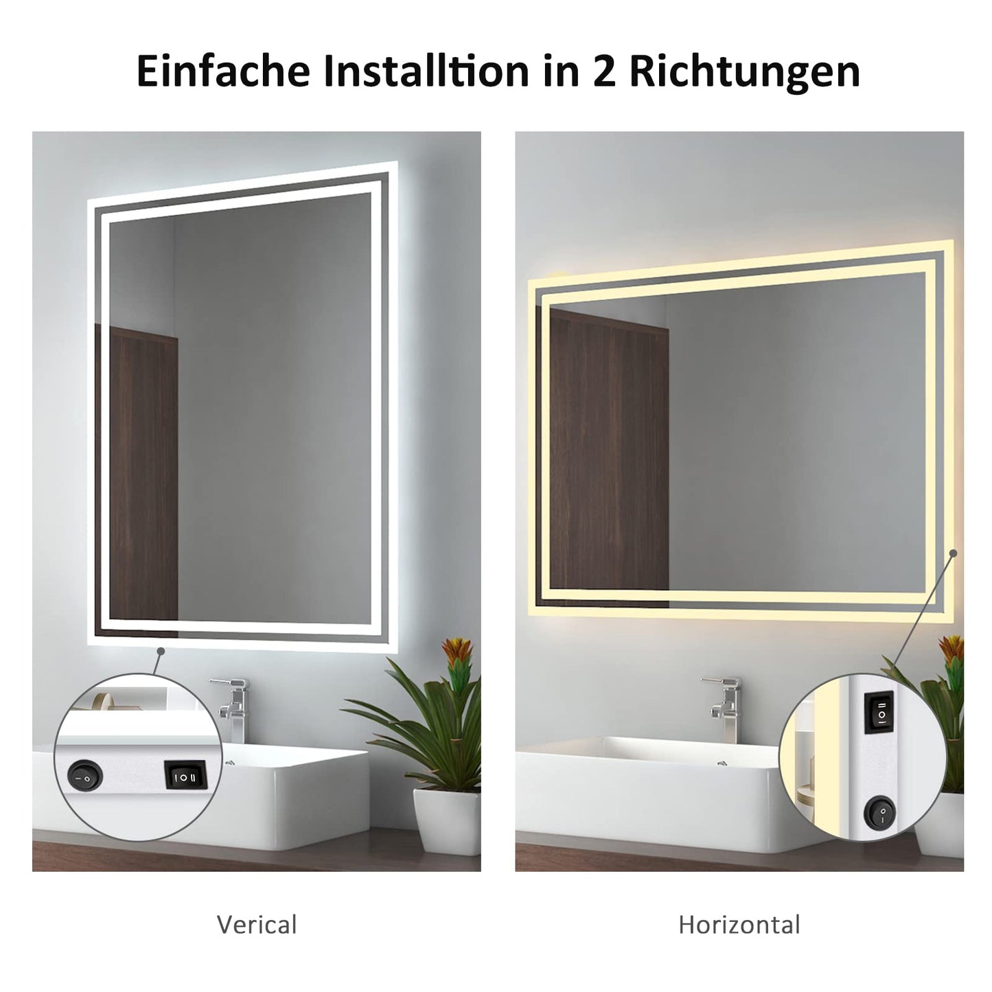 EMKE LED bathroom mirror with lighting 80x60cm, equipped with a toggle switch and anti-fog feature. Choose between warm white and cool white light modes, and mount the energy-efficient mirror horizontally or vertically.
