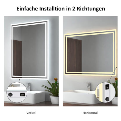 EMKE LED bathroom mirror with lighting 80x60cm, equipped with a toggle switch and anti-fog feature. Choose between warm white and cool white light modes, and mount the energy-efficient mirror horizontally or vertically.