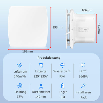 Moonjor 150mm exhaust fan kitchen, 240m³/h IPX2 Silent bathroom extractor window fan with check valve 1m EU power cord for bathroom, toilet, garage, office, attics