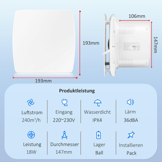 Moonjor 150mm exhaust fan kitchen, 240m³/h IPX2 Silent bathroom extractor window fan with check valve 1m EU power cord for bathroom, toilet, garage, office, attics