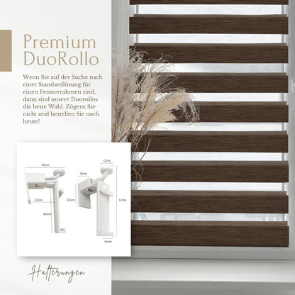 Home-Vision® DuoRollo Clamp Fix, Double Roller Shade without drilling with clamp brackets, DuoRollers for windows and doors (wood look Brown, W70cm x H150cm)
