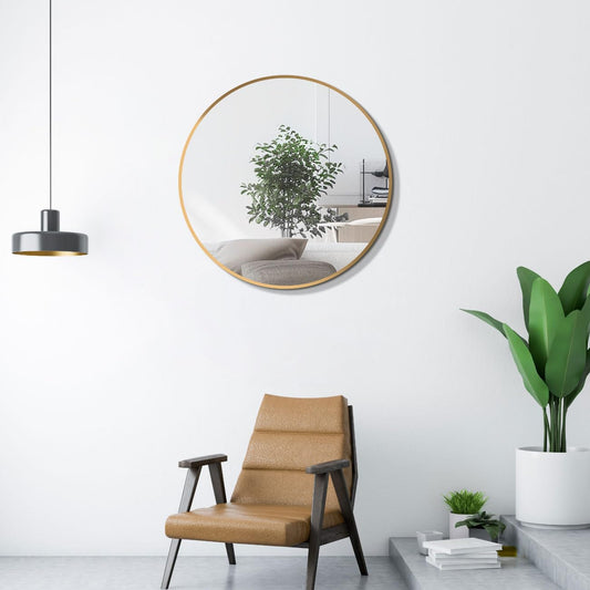 HOKO Round Wall Mirror 60cm with seamless gold metal frame and premium aluminum hooks - Perfect for bathroom, living room, hallway, hotel.