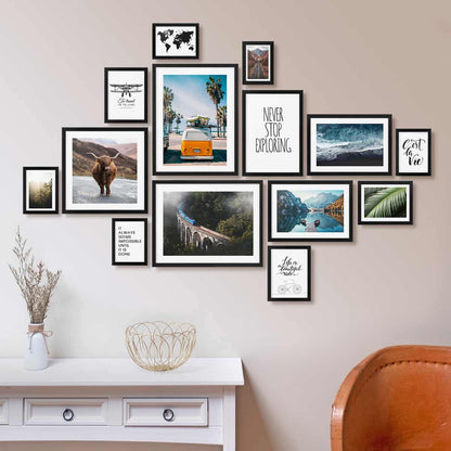PHOTOLINI black picture frame set various sizes, 14 black wood MDF picture frames with acrylic glass, hanging picture frame set with accessories for photos & posters.