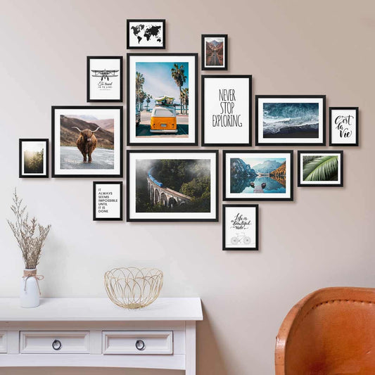 PHOTOLINI black picture frame set various sizes, 14 black wood MDF picture frames with acrylic glass, hanging picture frame set with accessories for photos & posters.