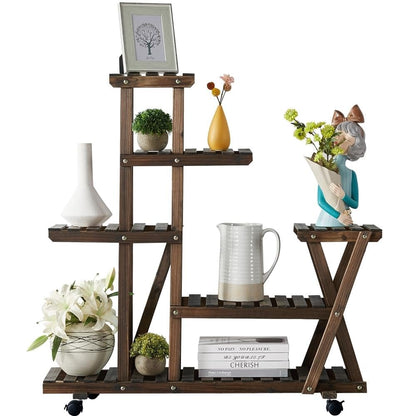 Yaheetech wooden plant stand with wheels, plant shelf, balcony flower rack, wooden flower bench, multi-tiered, 97.5 x 33 x 101cm.