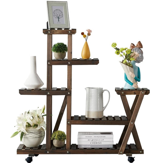 Yaheetech wooden plant stand with wheels, plant shelf, balcony flower rack, wooden flower bench, multi-tiered, 97.5 x 33 x 101cm.