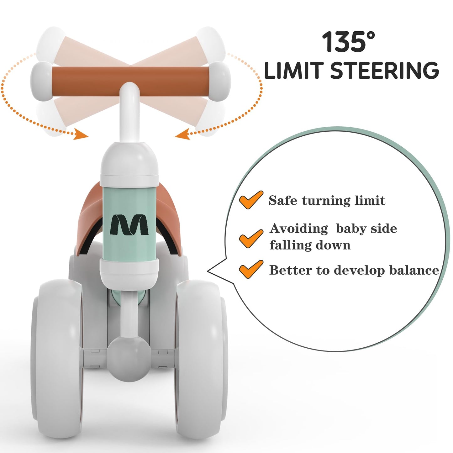 Toddler balance bike for 1 year and up, with 4 wheels for 10-24 month old babies. First ride-on bike for boys and girls as a gift - light green.