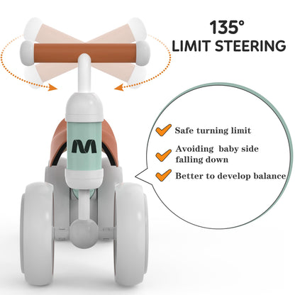Toddler balance bike for 1 year and up, with 4 wheels for 10-24 month old babies. First ride-on bike for boys and girls as a gift - light green.