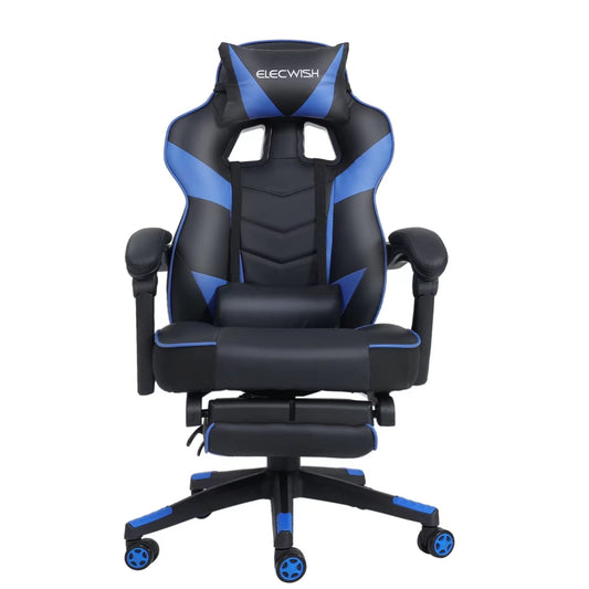 Puluomis Gaming Chair with Footrest, Racing Style, PC Chair, Swivel High-Back, Adjustable 90-150° Recline, Detachable Headrest, Lumbar Pillow, Ergonomic Design, Blue.