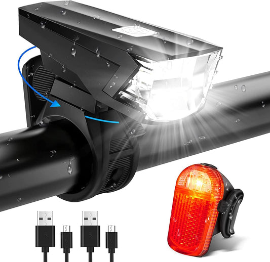 LED bike light set, StVZO bike light USB rechargeable, waterproof bike lighting front and rear set with headlights & taillight, bike light for kids and adults.