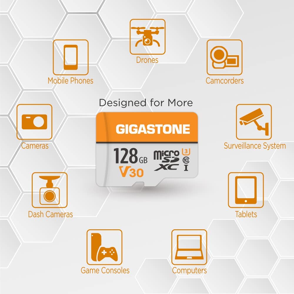 Gigastone 128GB memory card 2-pack for GoPro, drones, Samsung Sony, high-speed 4K UHD video, A1 U3 C10 MicroSDXC+SD adapter.