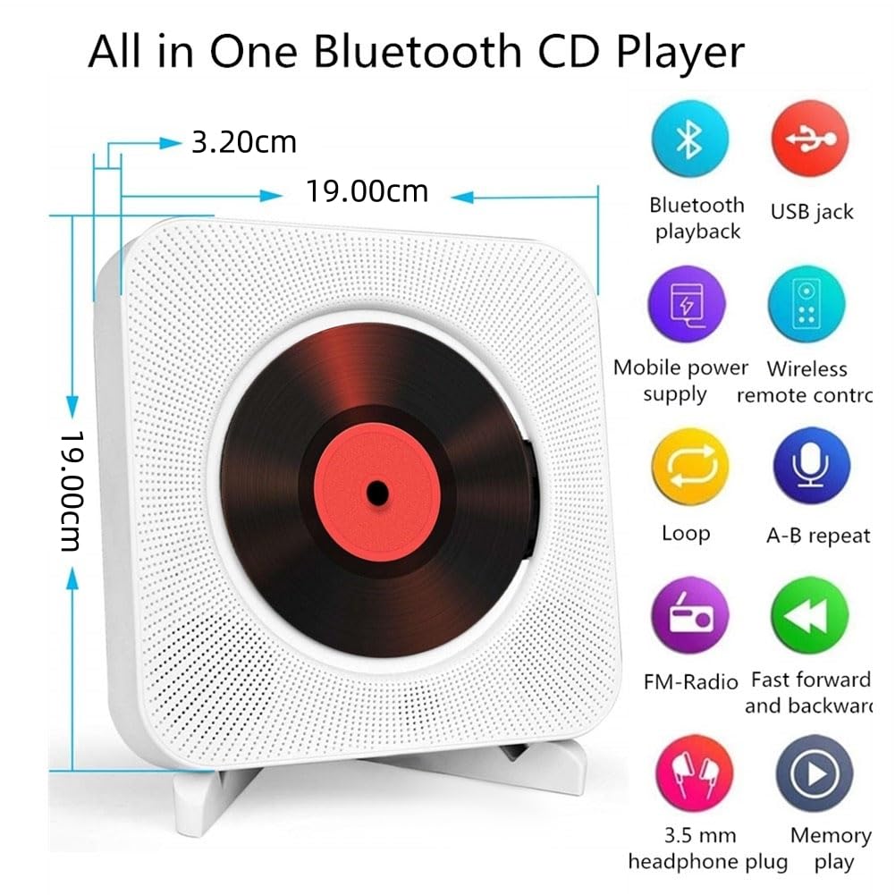 Adirigo Portable Desktop CD Player with Bluetooth Multifunctional with wall-mounted Music CD Player in HiFi speakers Home Audio Boombox with Remote Control (white)