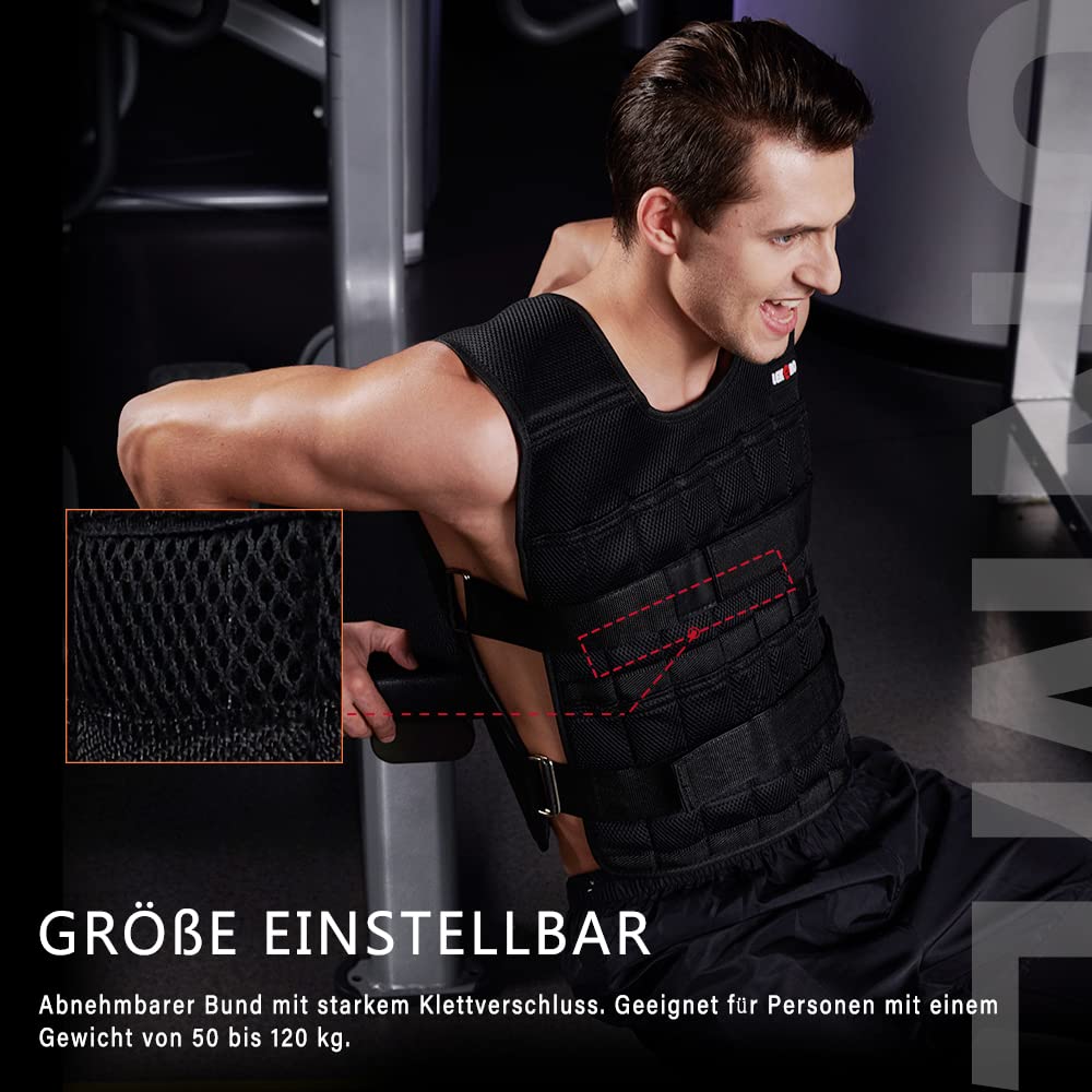 Adjustable 20 kg weight vest, workout weight vest, fitness weight jacket, for men and women (Includes 96 steel plate weights)