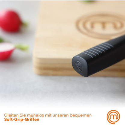 MasterChef knife block with knife cake knife set with Santoku knife, bread knife, chef's knife, vegetable knife, and utility knife, stainless steel, sharp, 5-piece, soft-touch handles.